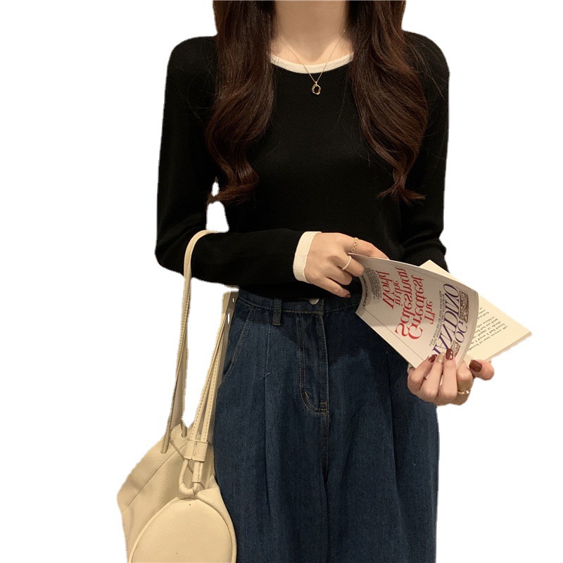 Picture of Intercolor Bottoming T-Shirt for Women in Autum New Long-Sleeved Niche Design Slim Round Neck Short Thin Top Wholesale