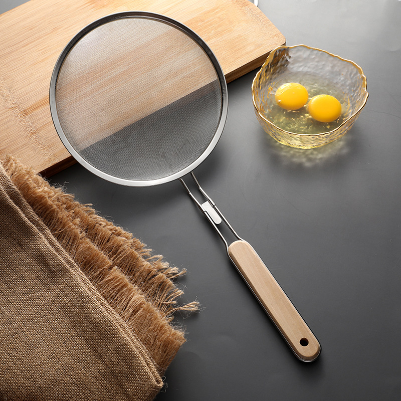 Picture of 201 stainless steel colander wooden handle punching oil grid 40 mesh flour sieve baking tools Kitchen Dumpling fishing filter
