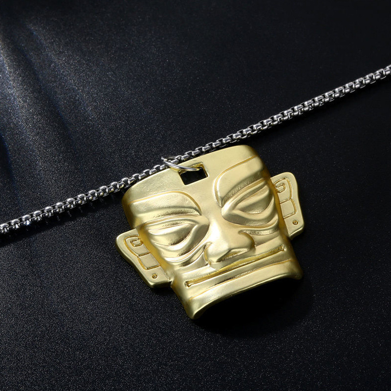 Picture of Ins National Trend Retro Sanxingdui Mask Gold Pendant Necklace for Men and Women Hip-Hop Cool Trendy Fashion Sweater Chain