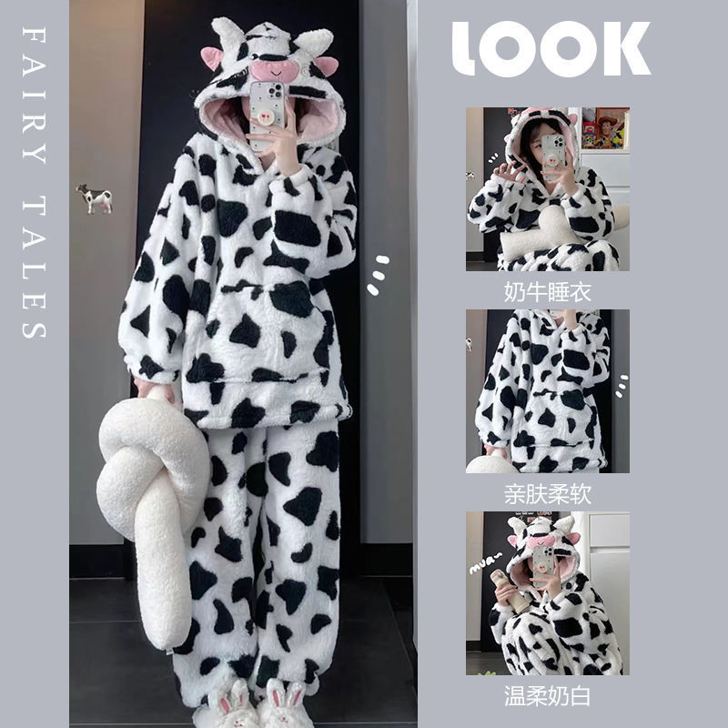 New Hooded Pajamas Women's Winter Thickened Coral Fleece Student Dormitory Ins Outwear Winter Home Clothes suit