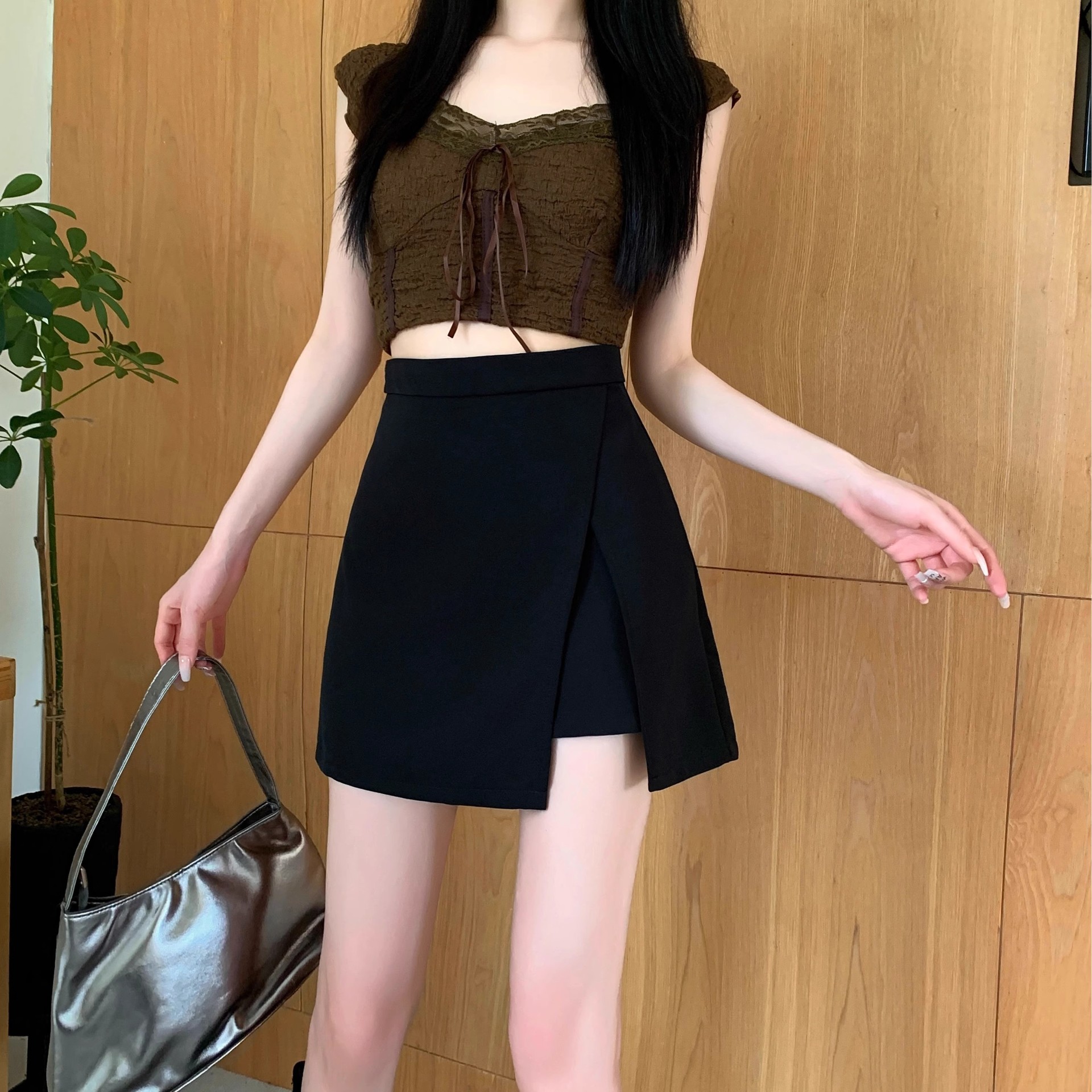 Black Split Short Skirt Women's Summer Thin High Waist Slimming Chubby mma Anti-running Light Casual Suit Bust Skirt