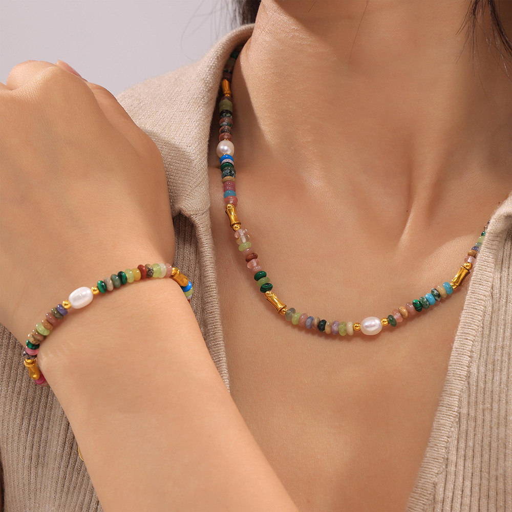 Bohemian Style Dopamine Freshwater Pearl Natural Stone Beaded Necklace Bracelet Titanium Steel Summer Jewelry suit