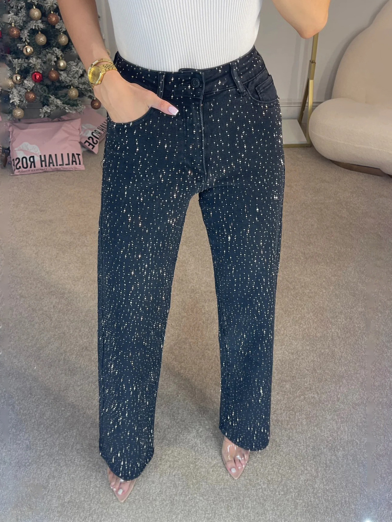 Picture of Foreign Trade European and American Amazon Women's Full Diamond Washed Jeans Women's High-End High-Waisted Straight Pants Sexy Pants