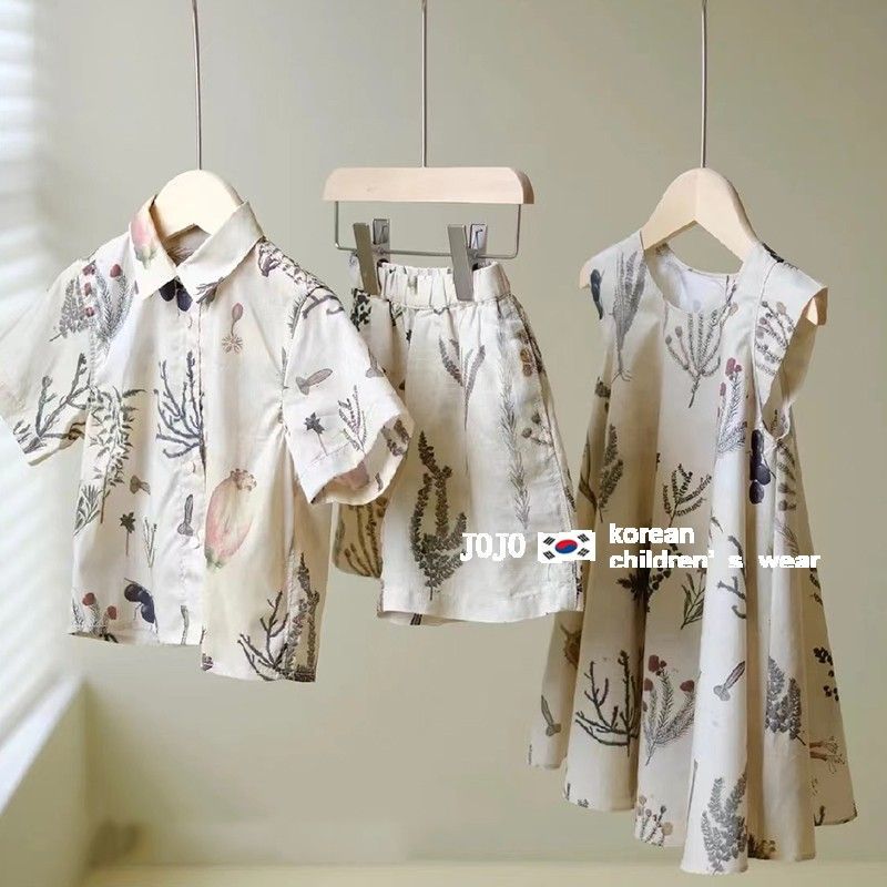 Korean children's clothing for boys and girls summer Western style suit 23 new fashionable apricot shirt shorts dress brother and sister outfit