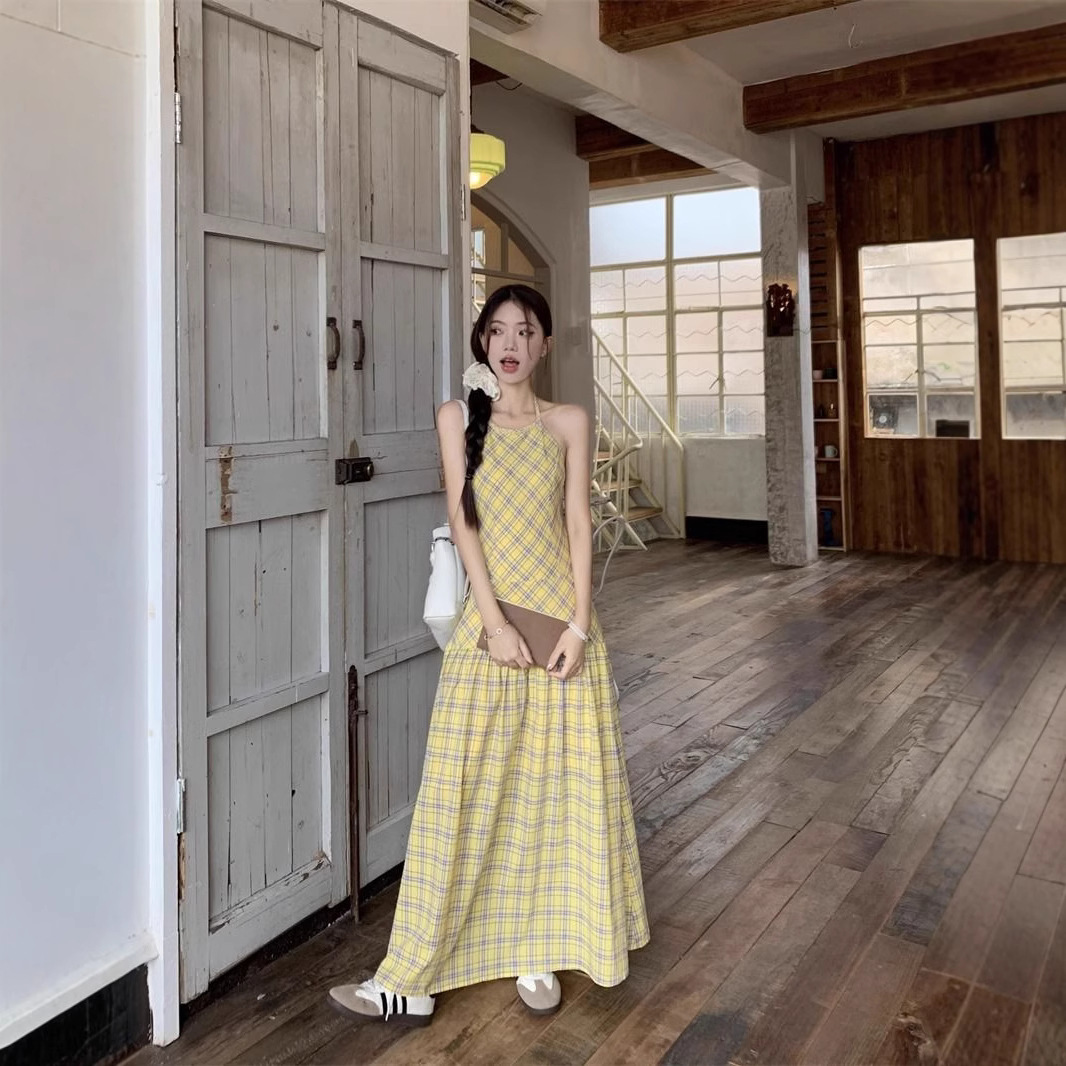 Sweet Hot Girl Yellow Plaid Halter Yellow Dress Women's Summer Casual Backless A-Line Skirt Elegant Long Dress