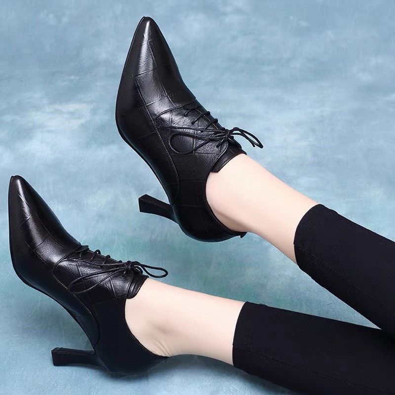 Picture of Women's Shoes 2024 Spring New Deep Mouth Single Shoes Embossed Plaid Leather Pointed Toe Fashion British Style High Heel Ankle Boots