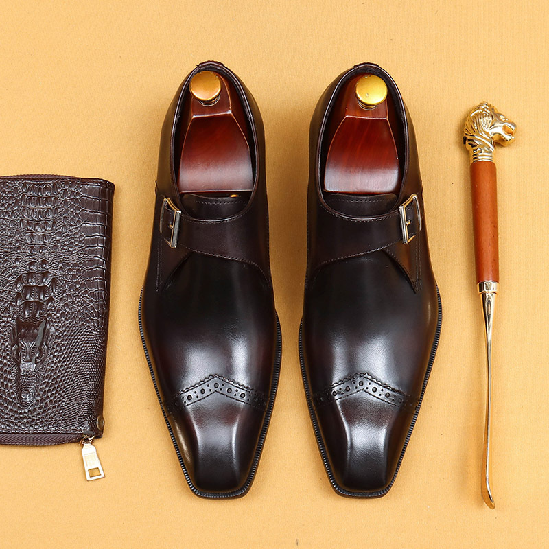 Picture of [vip for] handmade custom monk shoes men's British vintage buckle business formal leather square toe shoes