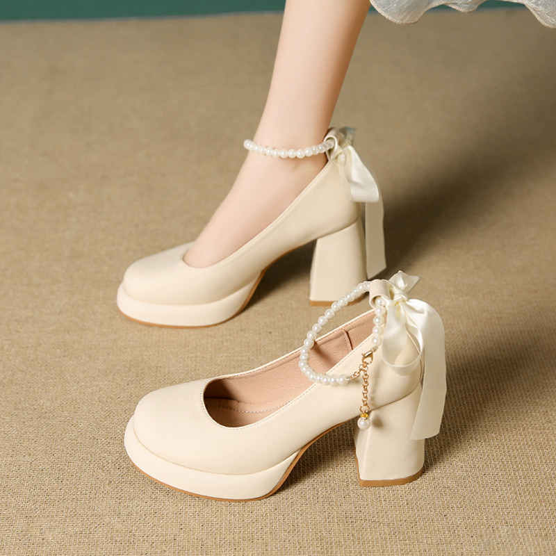 Soft Leather High Heels Women Wholesale Spring New Pearl French Chunky Heel White Mary Jane Gentle Style Shallow Mouth Single Shoes Women