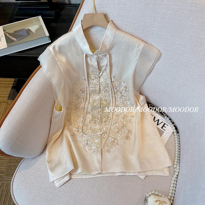 New Chinese Style National Style Jacquard Acetate Vest Shirt Women's Summer Elegant Vertical Collar Vest Heavy Embroidered Sleeveless Top