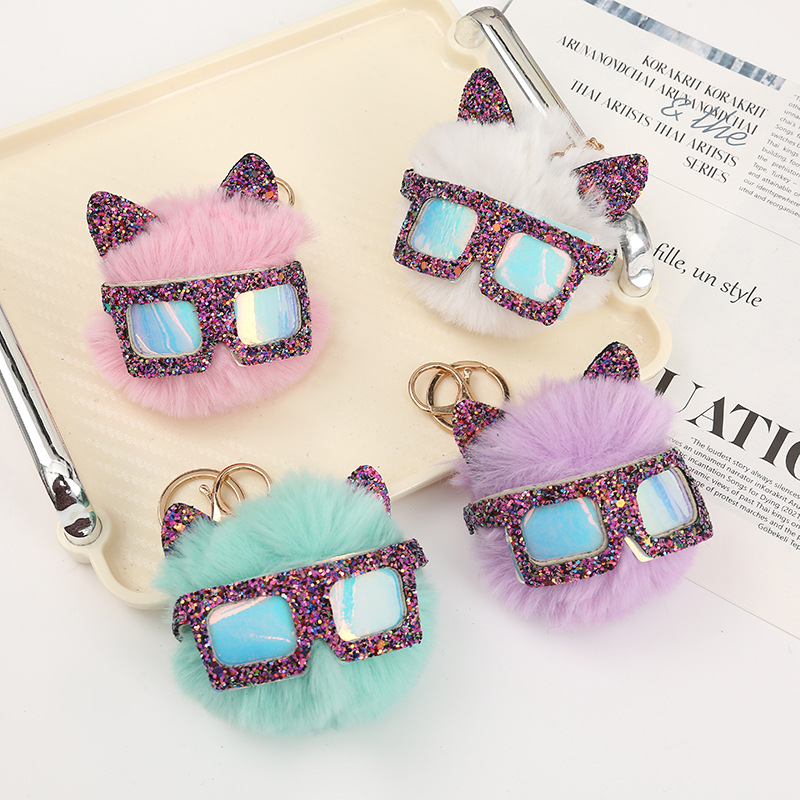 Plush cute pendant sunglasses cat cool cartoon creative key bag pendant girl heart fur ball jewelry wholesale