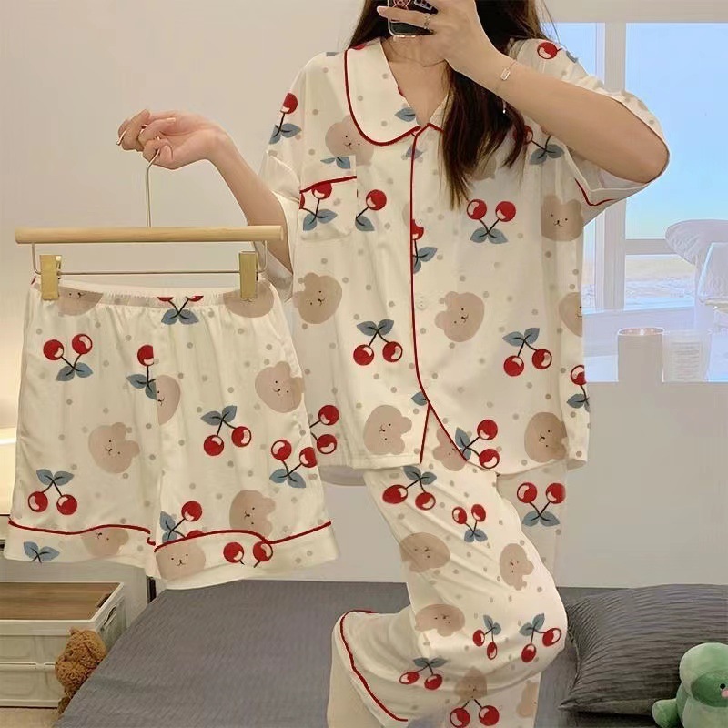 2024 summer new short sleeve high sense three piece suit pajamas women's cardigan home clothing spring and autumn can be worn outside