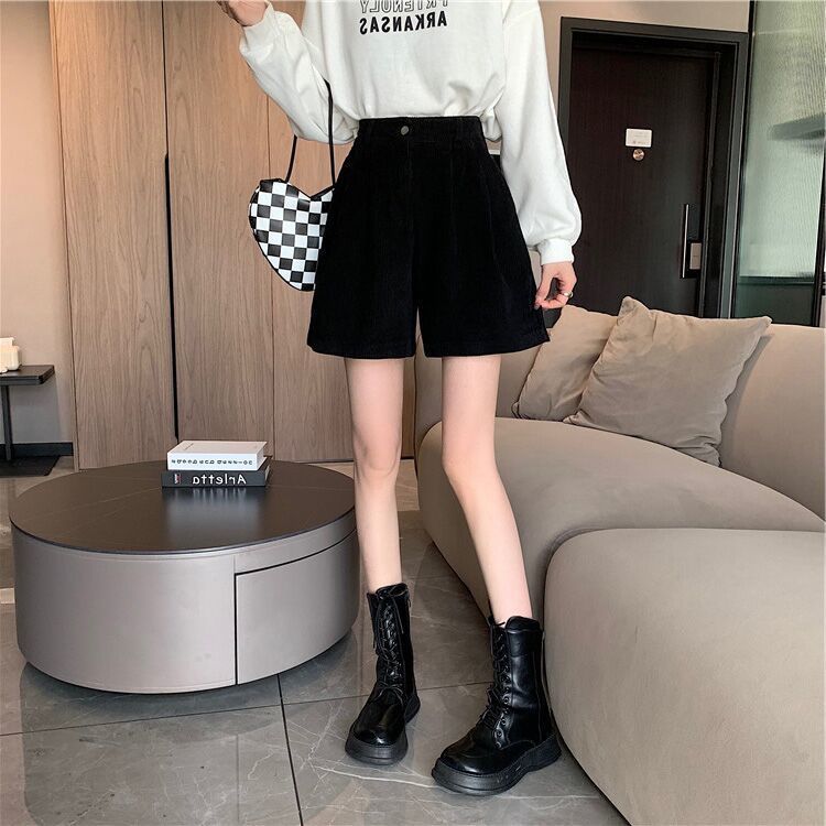 New corduroy shorts with boots women's autumn and winter high waist slimming A- line pants small outer wear bottoming boot pants