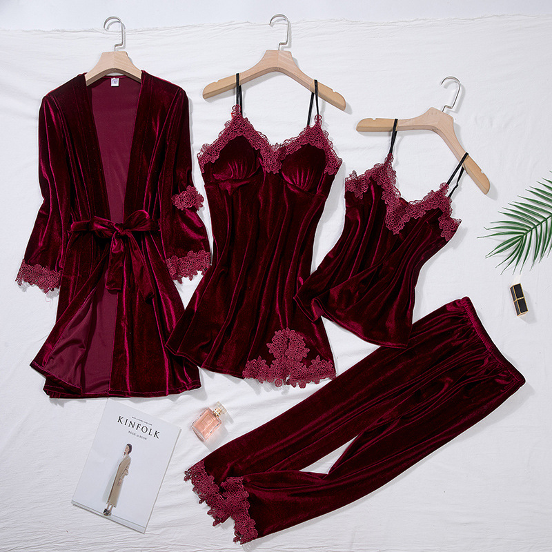 Velvet Pajamas for Women, Autumn and Winter Lace Nightdress, Camisole Robe Four-Piece Set, Long-Sleeve Loungewear, Thickened and Warm