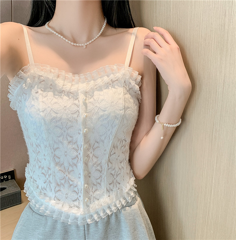 Explosions Korean Pearl Pleated Small Sling Beautiful Back Vest with Chest Pad Wrapping Chest Outer Wear Base Ruffled Short Top