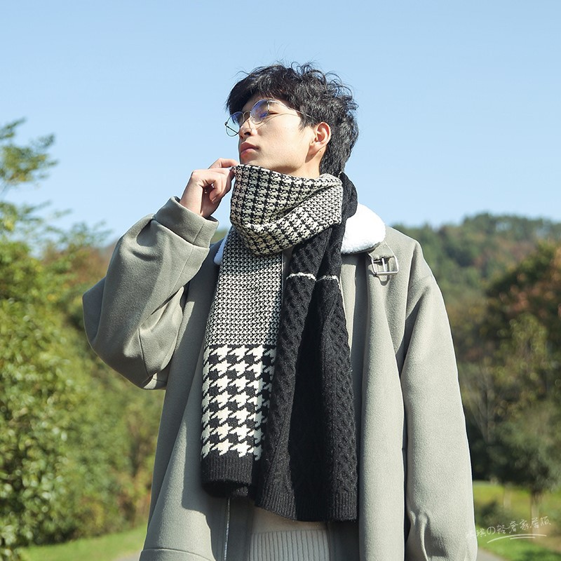 Style ℃ Scarf Men's Winter Korean Style Good to Take Houndstooth Couple's Neck Set Women's Thickened Boys' Long Scarf for Boyfriend