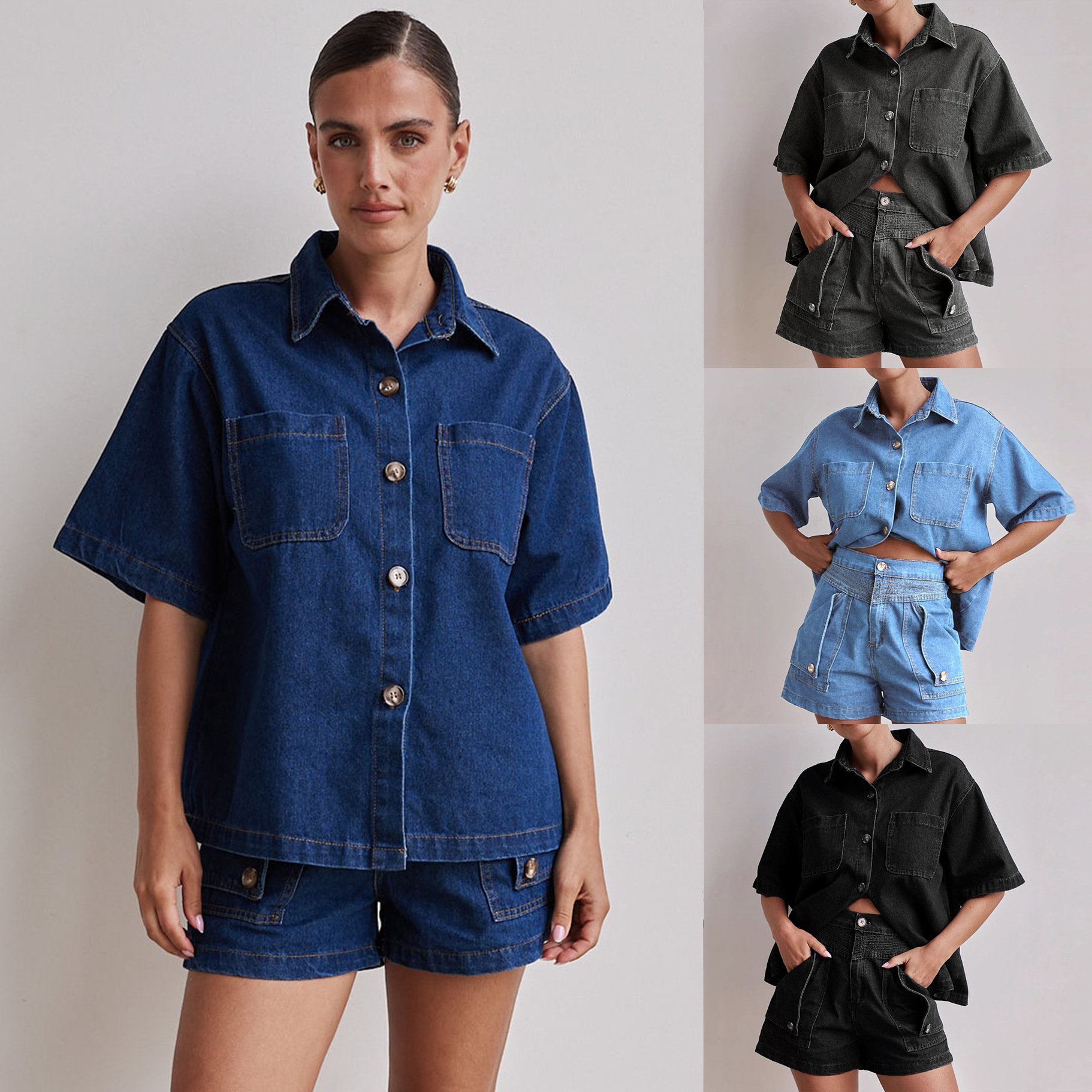 Amazon Foreign Trade Cross-border 2025 Summer European and American Women's Casual Retro Loose Shirt Denim Shorts suit