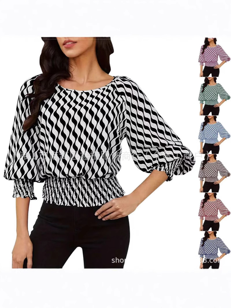 Cross-Border 2025 Spring Women's Lantern Sleeve Top, Waist-Cinching Short Color-Blocking Printed Long-Sleeve T-Shirt for Women