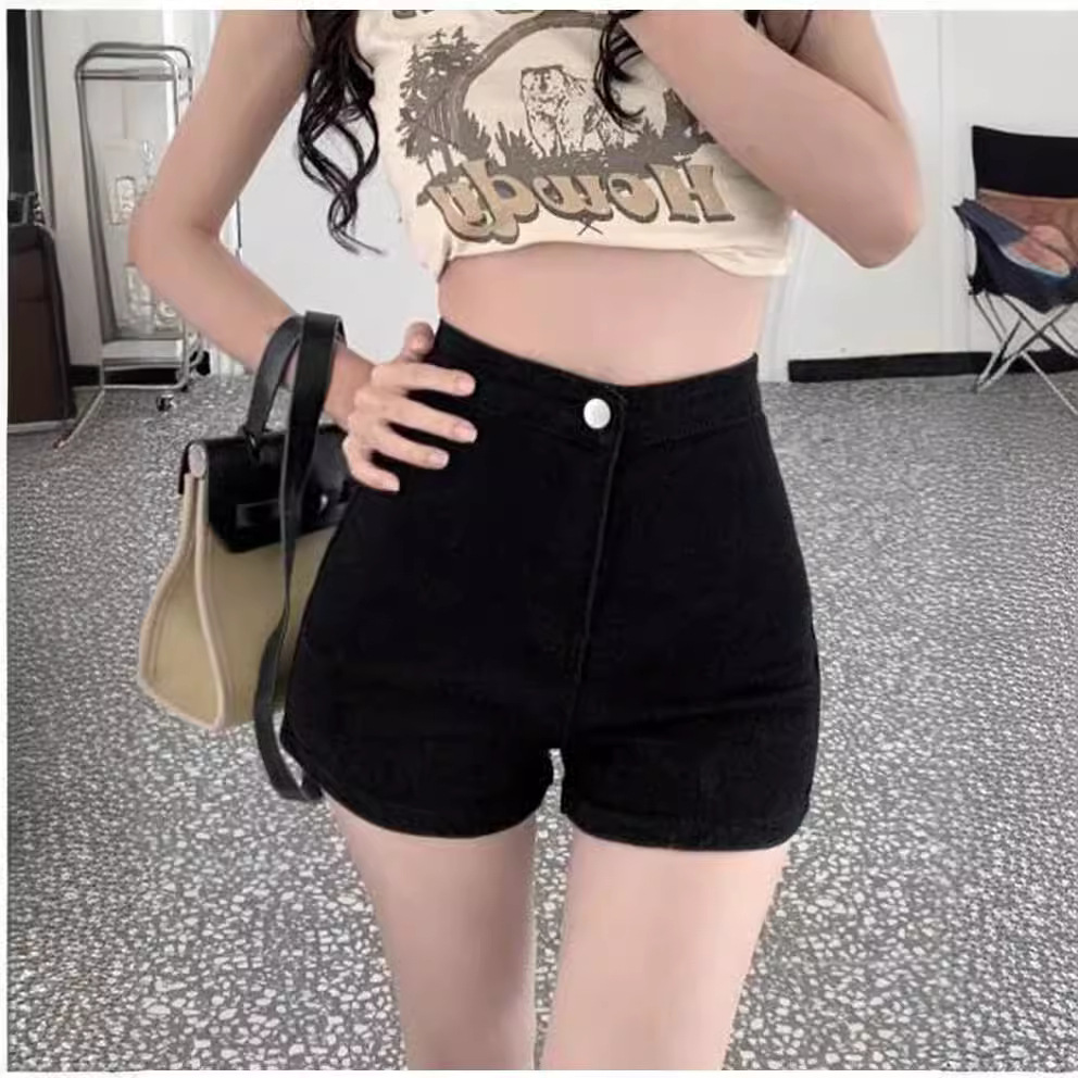 Picture of Black A- word Denim Shorts Women's Summer Spice Girls Stretch High Waist Slim Look Small Hot Pants Straight-leg Wide-leg Pants