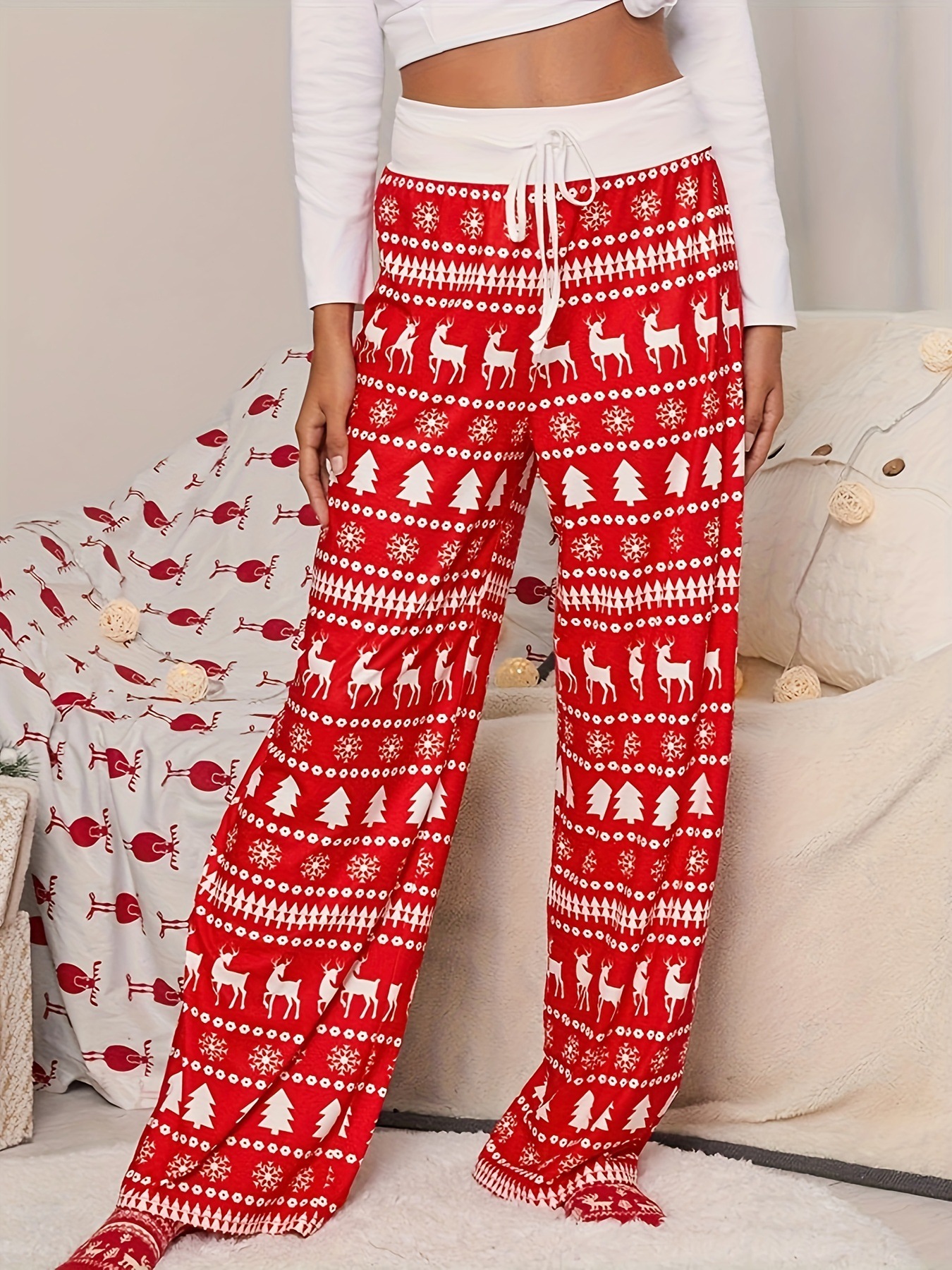 Cross-border Christmas Trousers for Christmas Performance High Waist Lace-up Stitching Elk Christmas Tree Printed Red Trousers