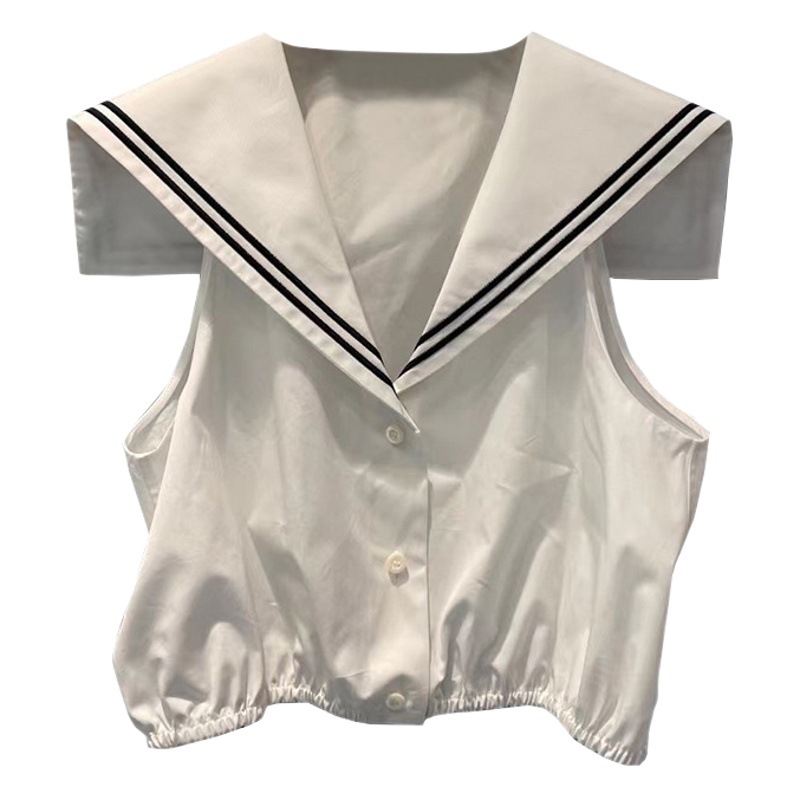 Summer New Miu Style Short White Sleeveless Shirt Embroidered Navy Collar Slim Sweet Top Women's Versatile Shirt