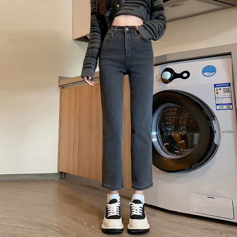Picture of Black gray jeans women's net red autumn and winter stretch high waist straight pants all-match slim fit cropped smoke tube French stick pants