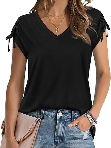2024 spring and summer new cross-border European and American women's clothing Amazon popular solid color V-neck short sleeve loose T-shirt for women