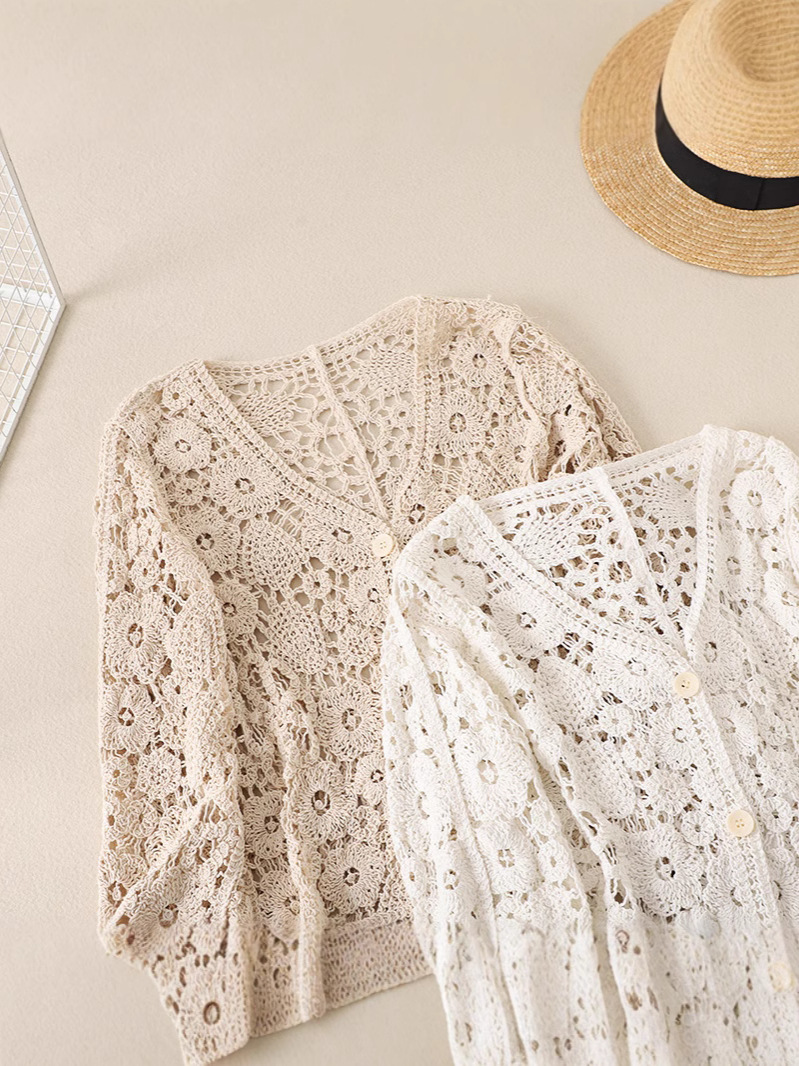 Picture of Long-sleeved Hollow-out Knitted Cardigan Women's Summer Outer Wearing New Crochet Short Chic Small Shirt with Skirt Air Conditioning Top