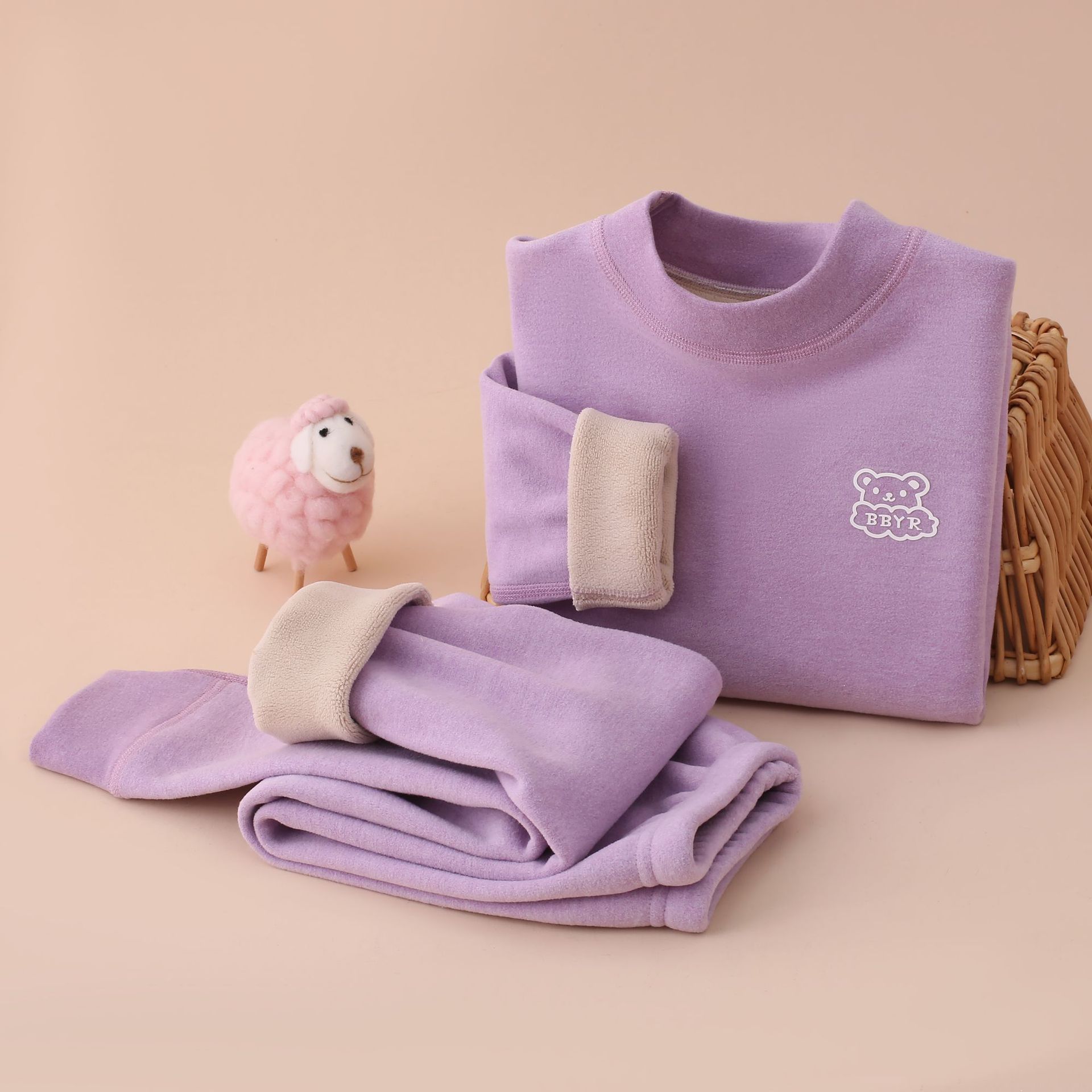 Picture of Autumn and winter fleece-lined children's clothing large children's mid-collar autumn pants children's inner warm bottoming shirt children's home clothing suit