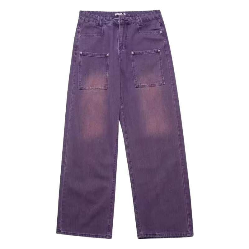American retro purple jeans couple Spring and Autumn New loose straight slimming mopping wide-leg pants pants is fashion