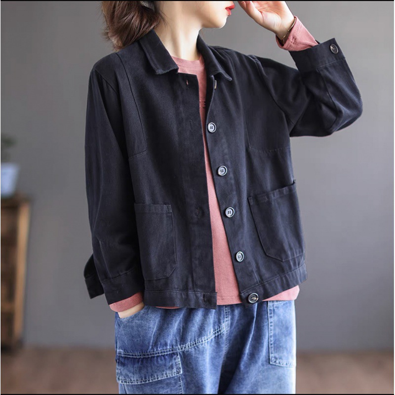 Picture of Spring and Autum New Pure Cotton Long-Sleeved Plus Size Women's Literary Retro Loose Slim Fashionable Lapel Short Jacket