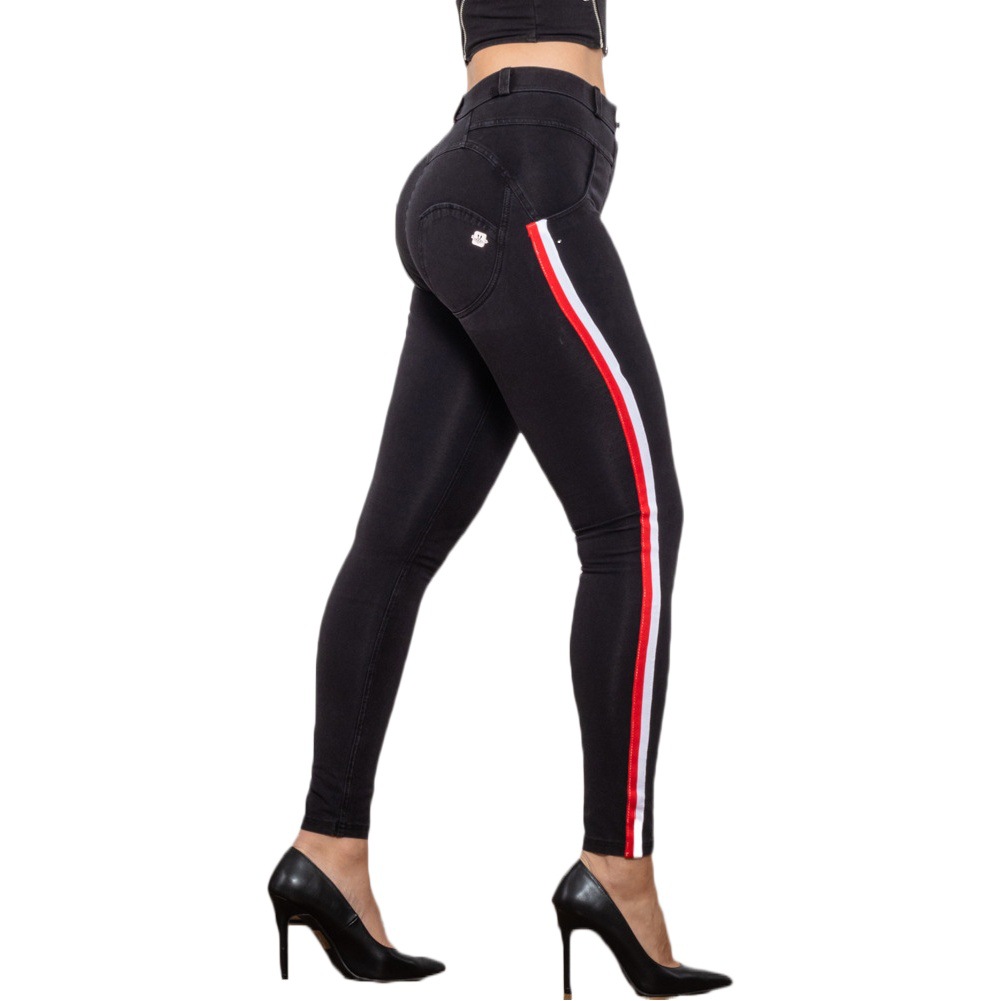 Shascullfites Black Women's Jeans Mid-Waist Red and White Side Striped Hip Pants Slim-Fit