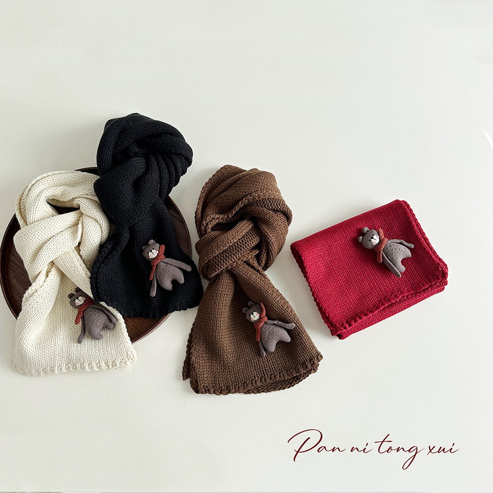 Cartoon Bear Scarf Autumn and Winter Children's Warm Knitted Wool Scarf Boys and Girls Cute Windproof Wool Scarf