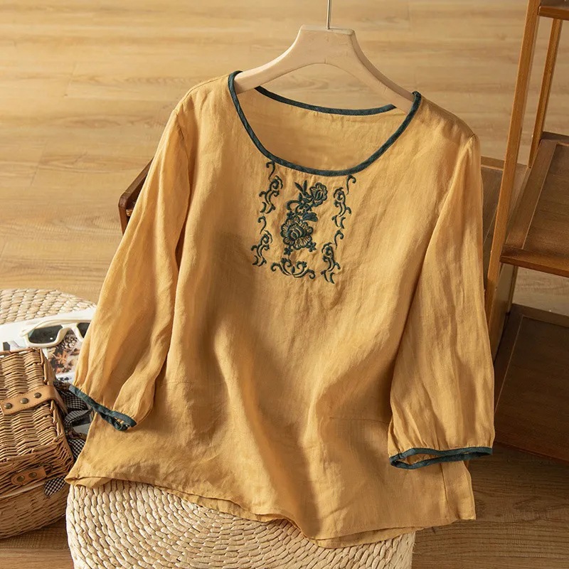 Summer Thin Cotton and Linen Seven-Sleeve Embroidered Top Women's Artistic Retro Pullover Loose Slimming Chinese Style Shirt for Women