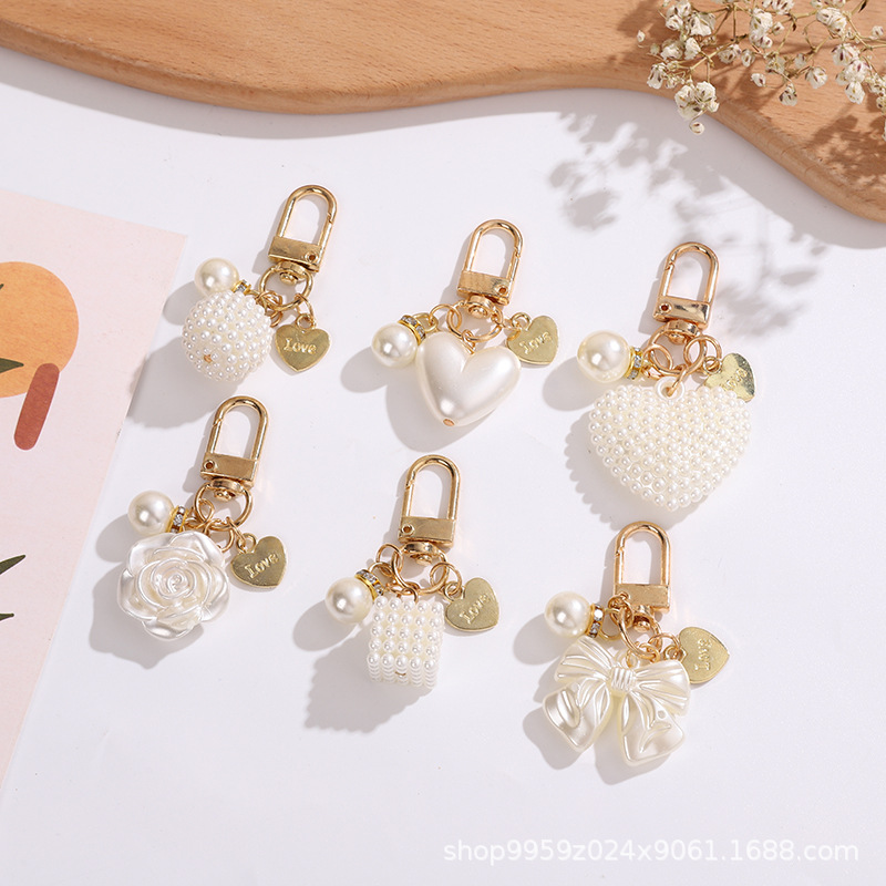 Cross-border Hot Sale Rose Square Round Pearl Tassel Keychain Pendant Women's Key Chain Bag Pendant