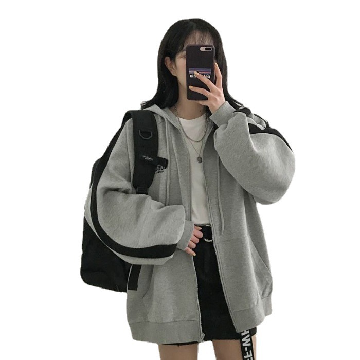 Picture of 2022 New Korean Style Autumn and Winter Women's Harajuku Style Velvet Hooded Sweatshirt Women's Color Block Embroidered Letter Zipper Jacket