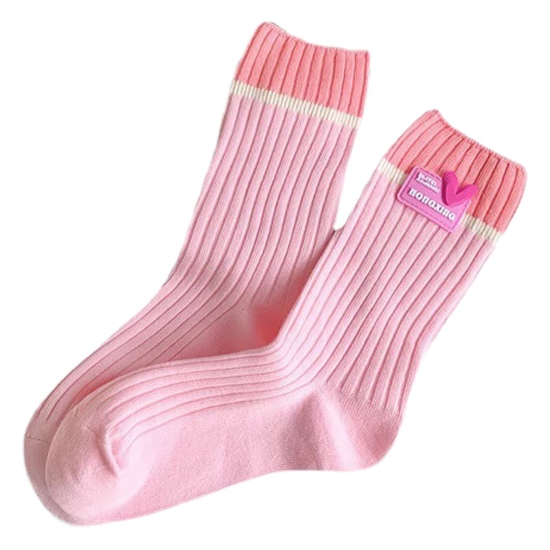 Pink socks women's mid-calf length socks spring and summer thin double needle stockings ins trendy personality color matching love label pile socks
