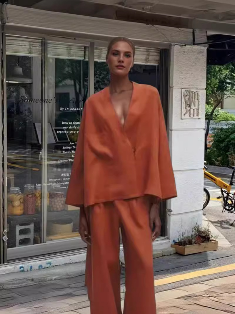 Picture of European and American Cross-border Amazon 2024 Spring Fashion Temperament Button Suit Jacket Linen Loose Pants Women's Suit