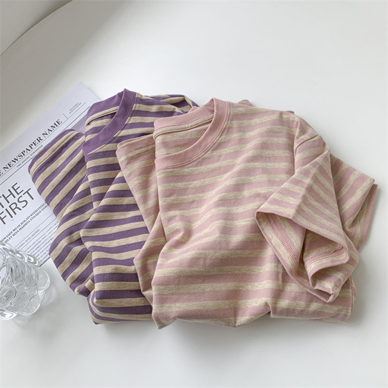 2025 Summer New Striped Short-sleeved T-shirt Women's Simple Loose Cotton Top