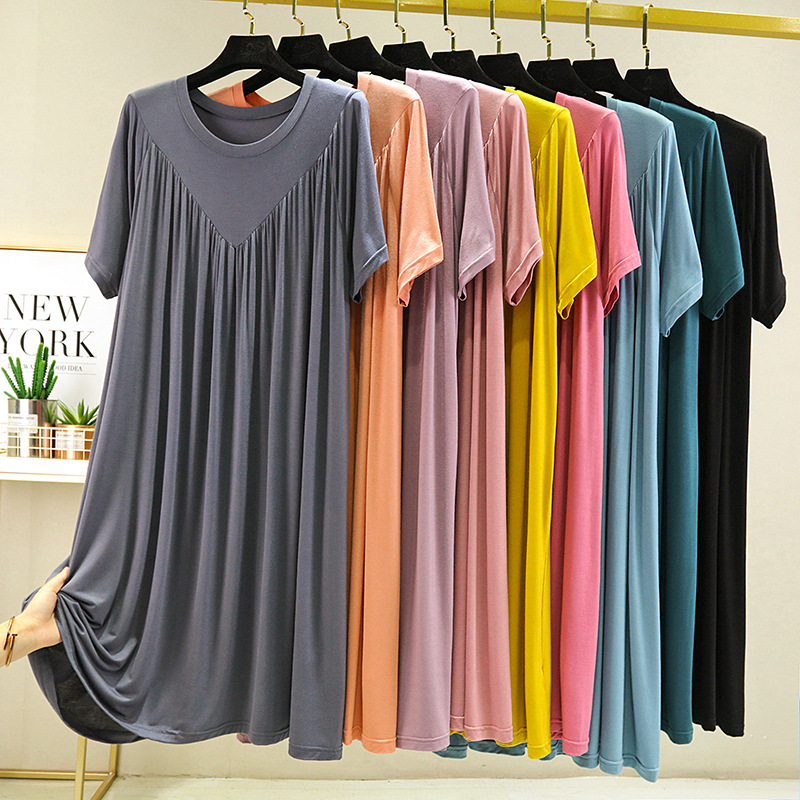 Modal Loose Dress Women's Summer Thin Nightgown Large Size Plus Size Plus Size Fat Plus Size Fat Girl Mid-Length Pleated A- Line Skirt