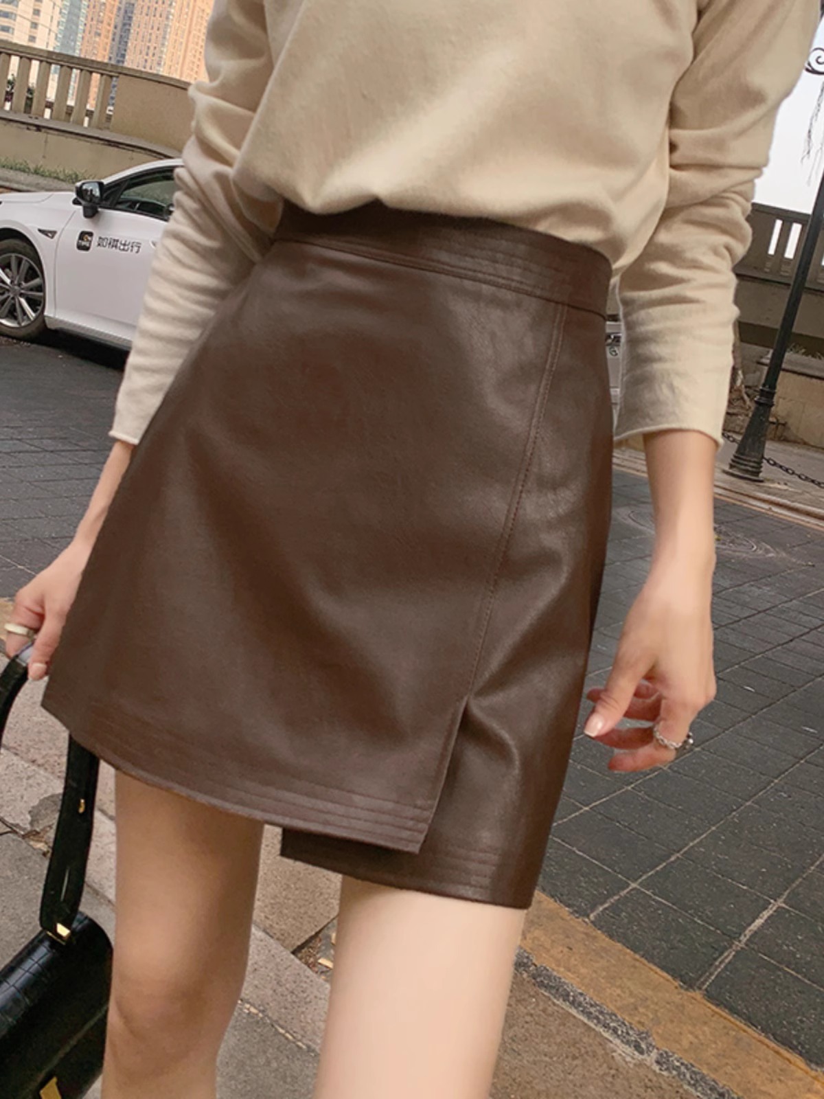 pu leather skirt women's 2024 new autumn and winter high waist irregular split fashion slim A- line hip wrap skirt