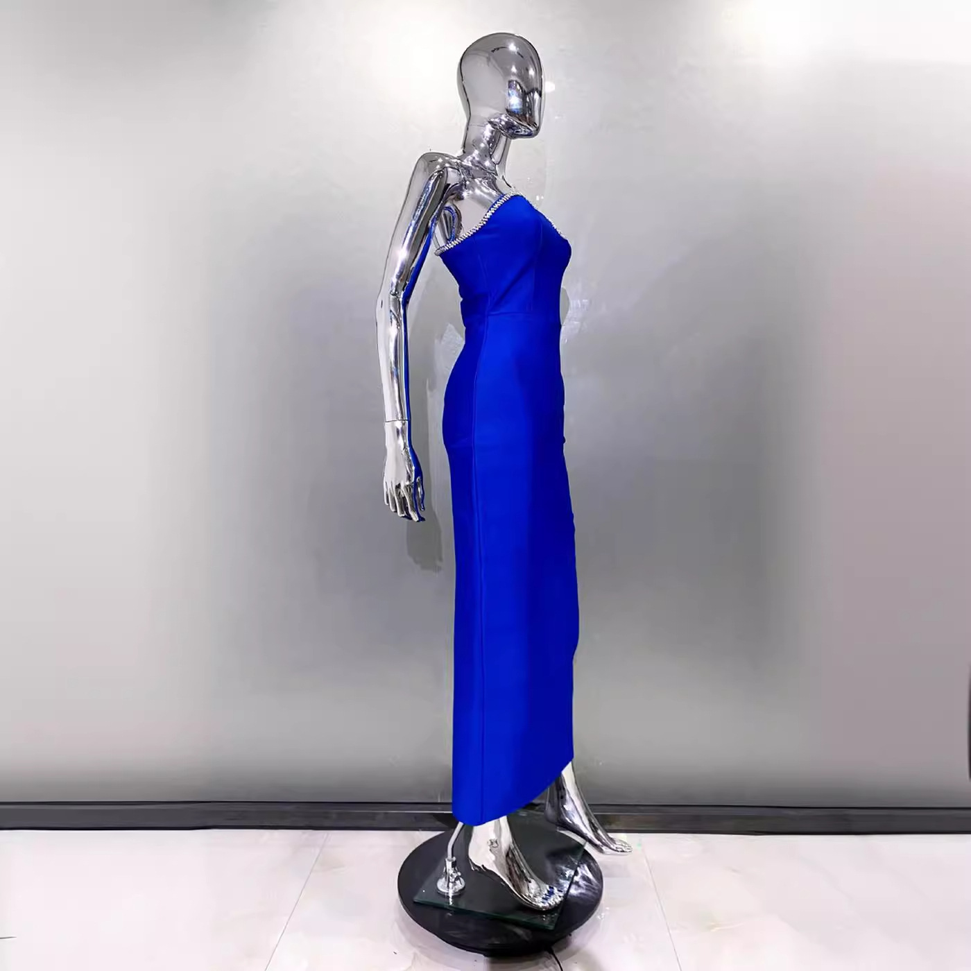 Picture of Blue Fashion Shoulder Long Sleeve Hollow Slim-fit Tight Long Bandage Hip dress Party Party Gown
