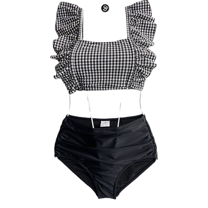 Factory Sales New Korean version of the bikini sexy flounces high waist belly fashion Plaid split women's swimsuit