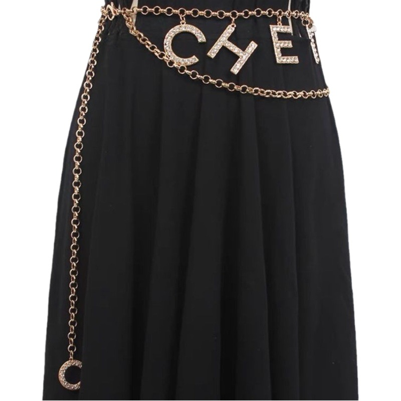 Chanel style metal waist chain accessories female fashion ins rhinestone letter chain belt decoration with skirt hot girl pants chain