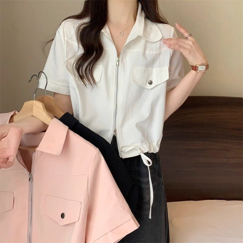 Short Right Shoulder Workwear Top for Women Spring New Large Size Slightly Fat mm Slim Design Double Zipper Polo Shirt