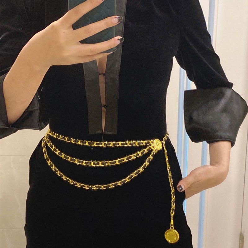 Middle Ancient vintage Adjustable Gold-plated Belt Leather Three-layer Waist Chain Chain High-end Dress Round Pendant Accessories