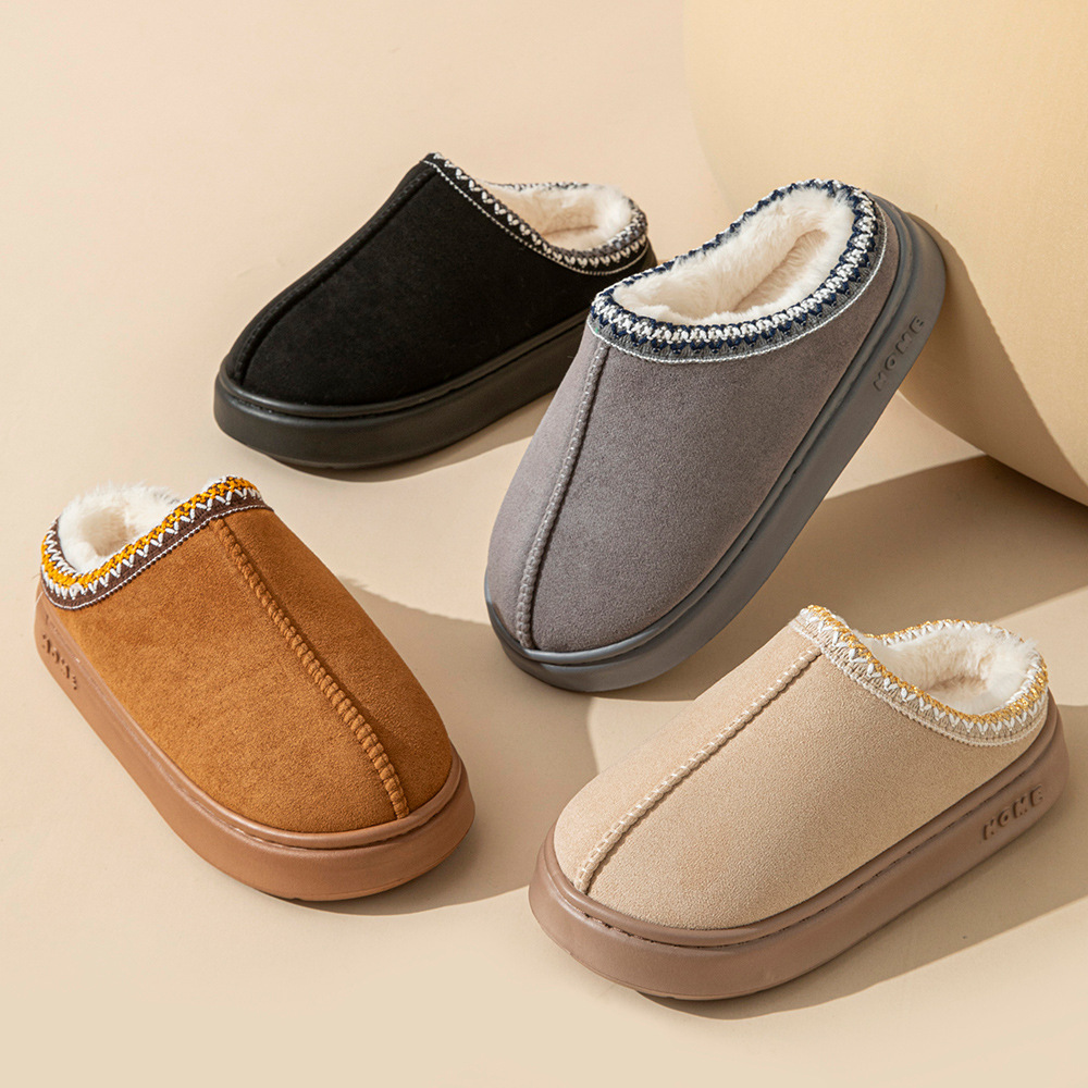 2024 Cross-Border New Pure Color Imitation Deerskin Splicing Home Slippers Thick-Soled Non-Slip Lightweight Warm Cotton Slippers for Women