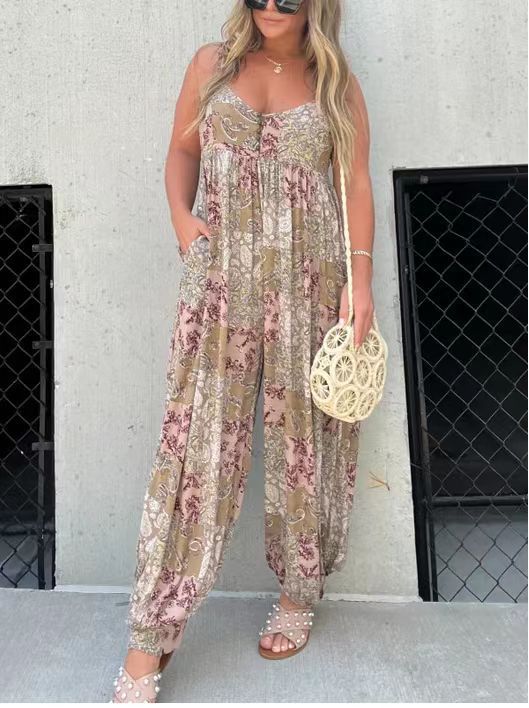 Picture of 25 Amazon Wish Unique Cross-Border Hot Product Ebay Women's High Waist Trendyy Loose Printed Shoulder Strap Jumpsuit