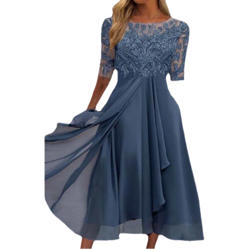 2025 European Cross-border New dress Chiffon Stitching Lace Hollow Dress Bridesmaid Evening Dress Women's Dress