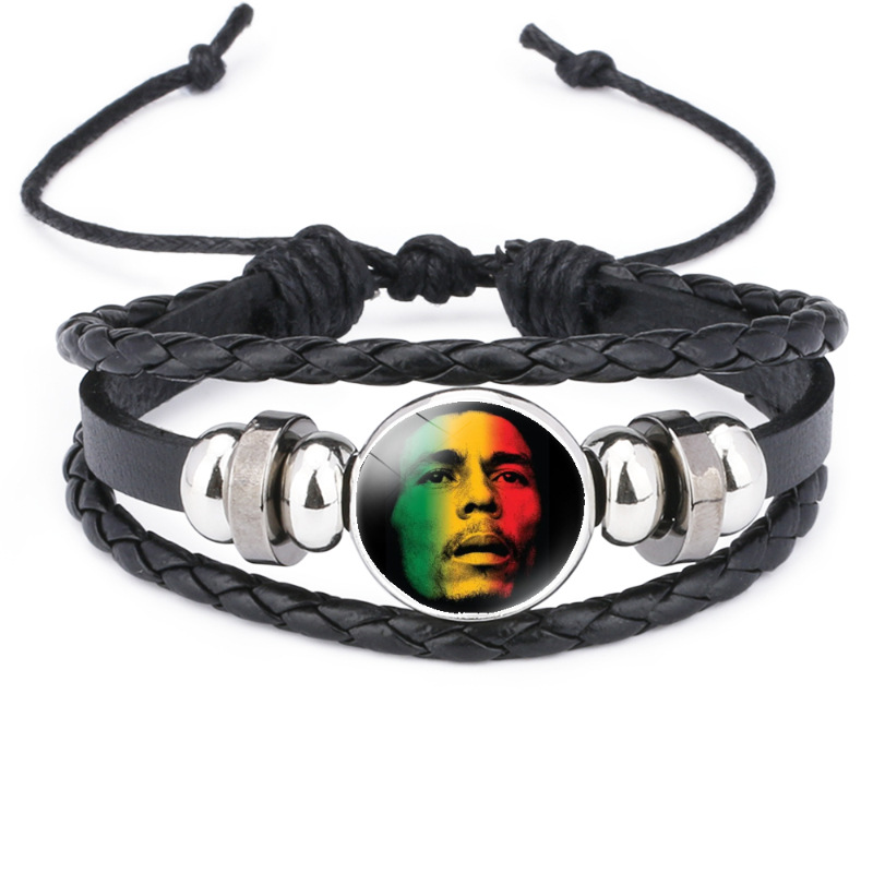 Bob Marley Portrait Black Hand-Woven Leather Bracelet Bob Marley Jamaican Reggae Music