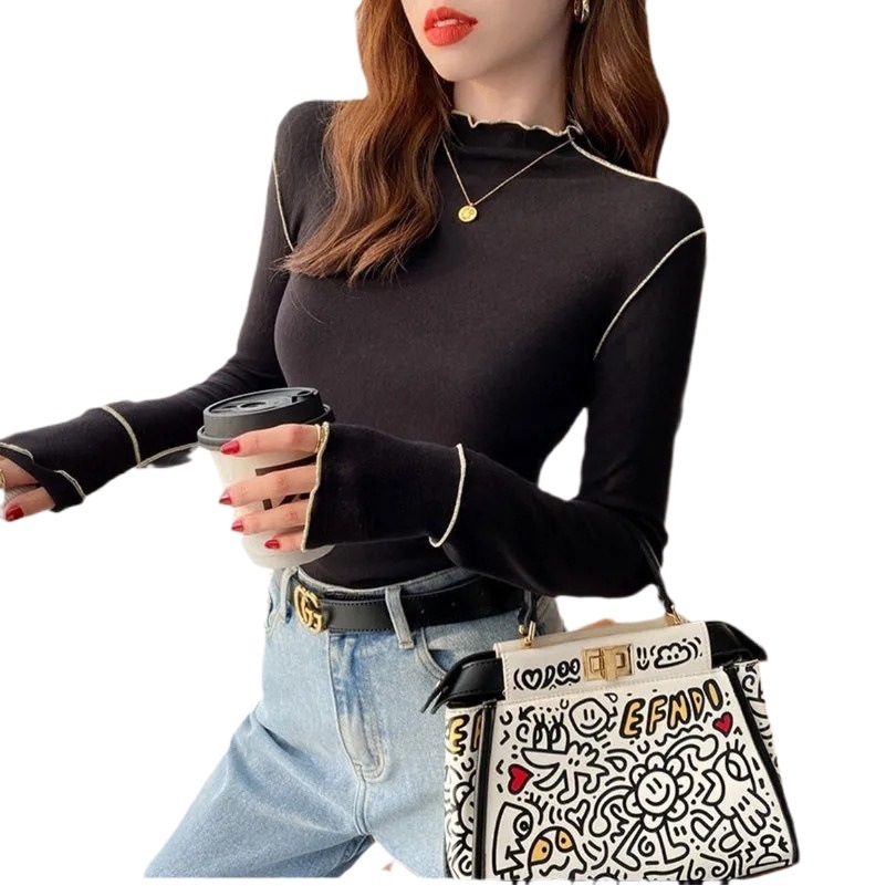 [Hot Selling] Double-sided Wear Velvet Base Shirt Women's Autumn and Winter Warm Half-high Collar Ear Long Sleeve Inner Top Women